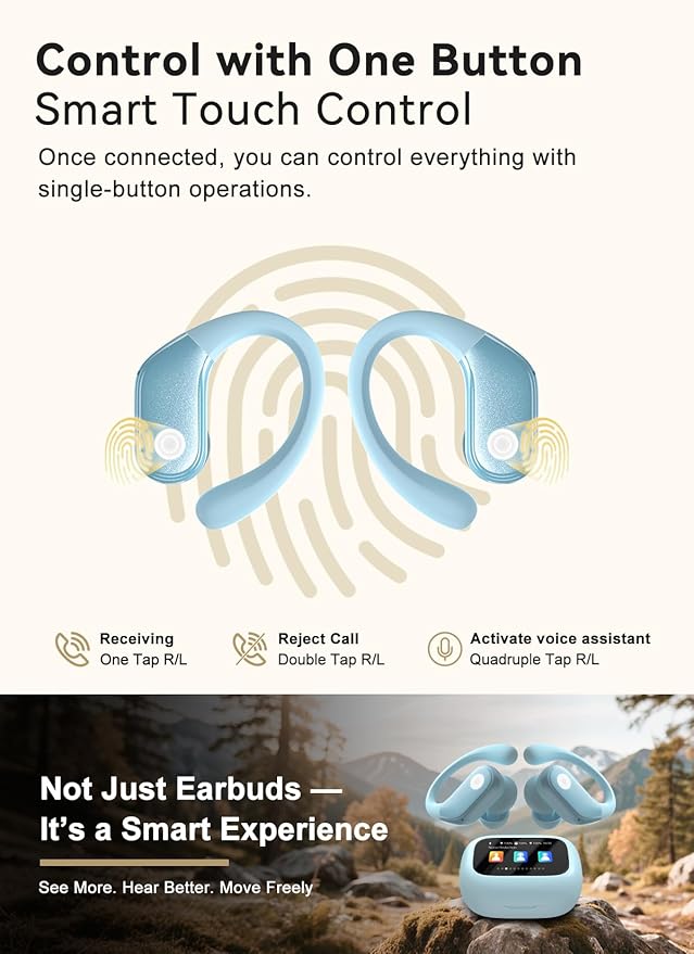 Wireless Earbuds, ENC Noise Cancelling Sport Ear Buds with Multifunctional Touch Screen, Bluetooth 5.4 Headphones, Bass Stereo Sound, 5 EQ Over-Ear Earbuds for Sports/Workout/Gym-Sky Blue