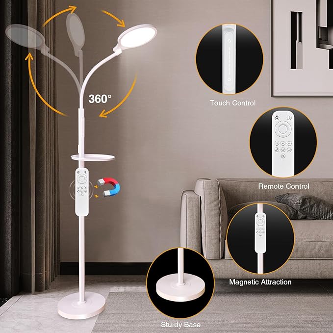 Light Therapy Floor Lamp, Dimmable 11000 Lux UV-Free LED Sunlight Lamp with Tray, 2-in-1 Floor & Desk Adjustable Height Full Spectrum Happy Therapy Light with Remote Timer for Reading Home Office