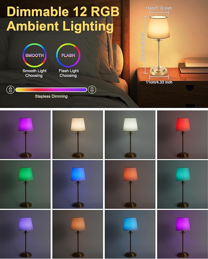 Egobasic Cordless Rechargeable Table Lamp with Remote, Small Portable Battery Operated Lamp with Timer, 12 RGB Lighting Dim, Restaurant Dining Bed Side Table Night Lights, Fabric Shade, Antique Brass