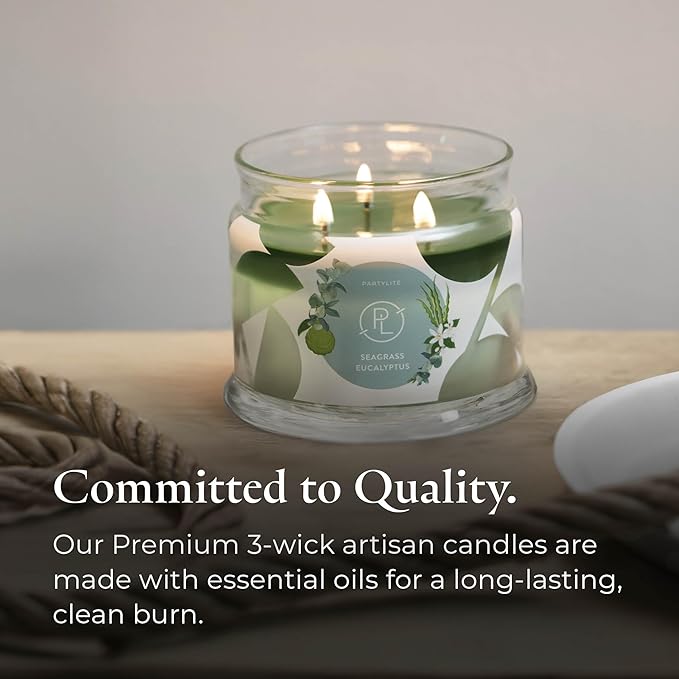 PartyLite Sea Grass Eucalyptus Scented, Notes of Eucalyptus, Lemon, Seagrass & Driftwood, 13.2oz 3-Wick Jar Candle, 45 Hour Burn Time, Luxurious Fragrance, Ideal for Gifting
