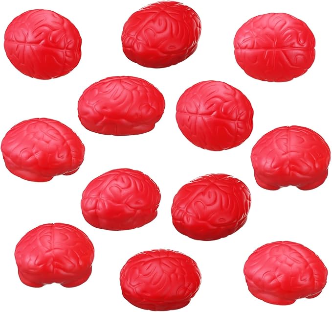 Leitee 12 Pcs Brain Stress Balls Bulk Large Halloween Brain Toys PU Hand Muscle Exercise Pressure Ball Funny Stress Relief Toy for Teens Adult Improving Grip Strength Prop(Red)