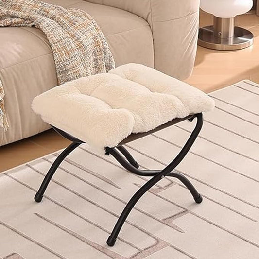 Welnow Folding Foot Stool, Upholstered Small Accent Ottoman with Detachable Thick Cotton Cushion Padded Sofa Stool and Metal Frame for Lazy Chair, Living Room, Bedroom, Plush Beige