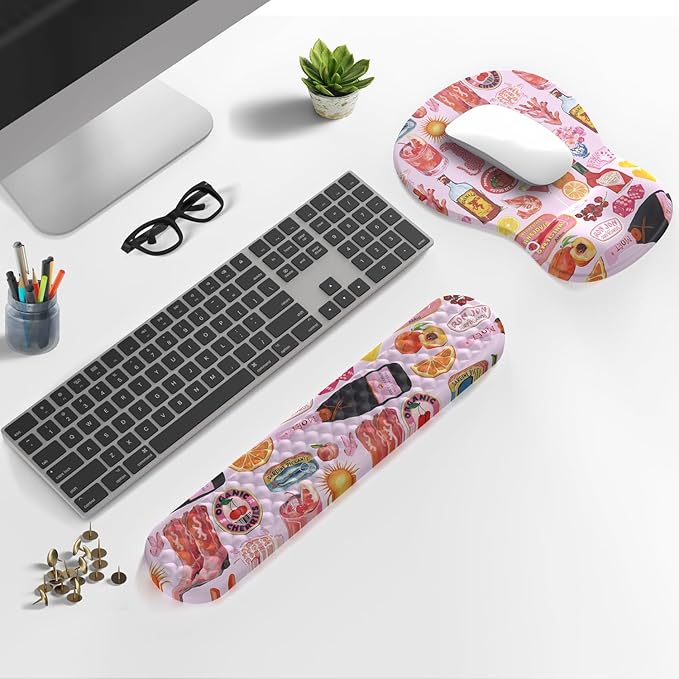 Cute Pink Mouse Pad and Keyboard with Wrist Rest Ergonomic Aesthetic Gaming Mouse Pads, Best Desk Decor Office Cute Pink Desk Accessories Mouse Pad with Wrist Rest, Vacation Style Soft Gel Material