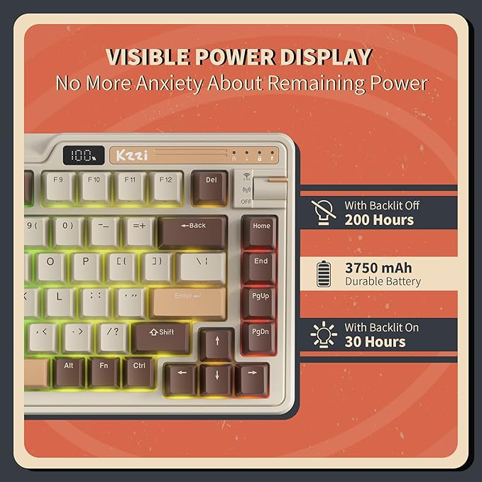 K75 PRO RGB 75% Wireless Gasket Mechanical Keyboard, Triple Mode BT 5.0/2.4G/USB-C 82 Keys Hot Swappable Gaming Keyboard w/Knob & Power Display, Custom Linear Switches, Mousse Brown