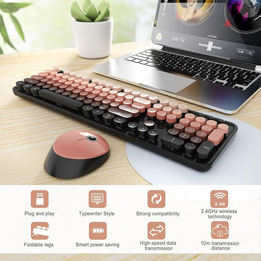 Wireless Keyboard and Mouse Combo, Ergonomic Full Size Typewriter Retro Round Keycaps Keyboard, Compatible with Windows, PC, Perfer for Home and Office Keyboards (Aurora Red)
