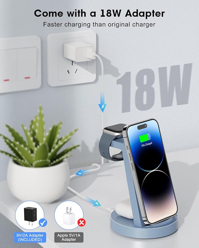3 in 1 Charging Station for Apple Device, Wireless Charger for iPhone 16 15 14 13 12 11 Pro Max & Apple Watch iwatch- Charging Stand Dock for AirPods