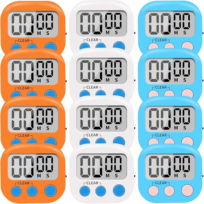 12 Pack Small Digital Kitchen Timer Magnetic Back and ON/Off Switch,Minute Second Count Up Countdown（White,Blue,Orange
