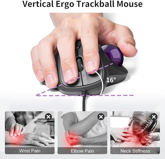 SANWA Wired Ergonomic Trackball Mouse, Optical Vertical Rollerball Mice, Silent Buttons, 34mm Trackball, 600/800/1200/1600 DPI, Compatible with MacBook, Laptop, Computer, Windows, macOS, Purple