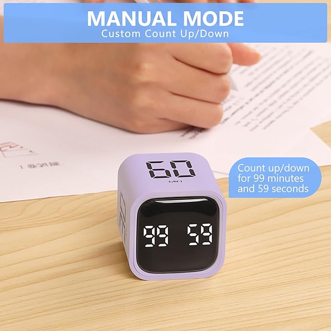 Digital Cube Productivity Timer, Rotating Pomodoro Timer with Gravireceptor 5-10-30-60 Min& Custom Countdown, Vibration & Adjustable Volume Timers for Learning Office Kitchen Desk, Purple