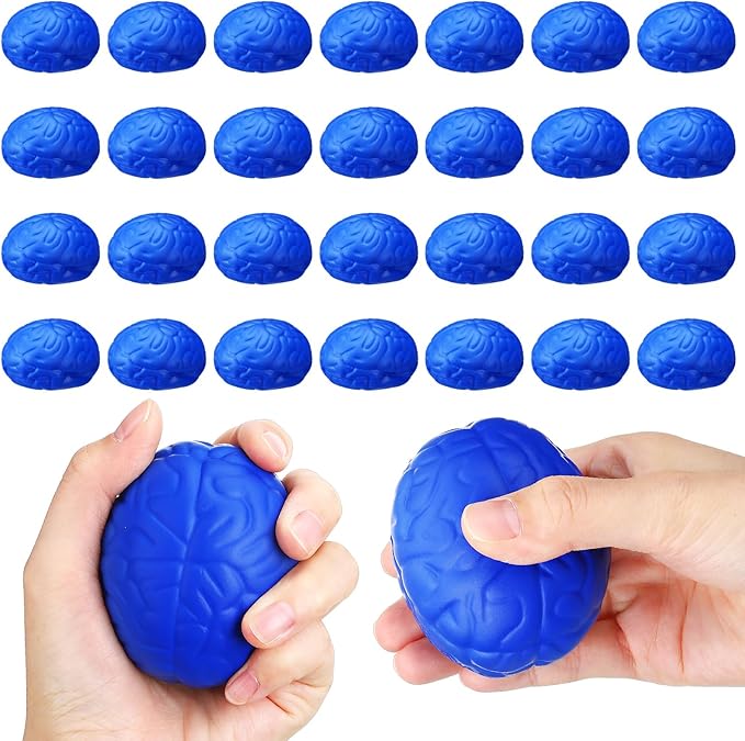 Jenaai 30 Pcs Brain Stress Ball Halloween Squeeze Toy 2.76 Inch PU Hand Muscle Exercise Pressure Ball Funny Stress Relief Toy for Teens Adults Improving Grip Strength Release Pressure(Blue)