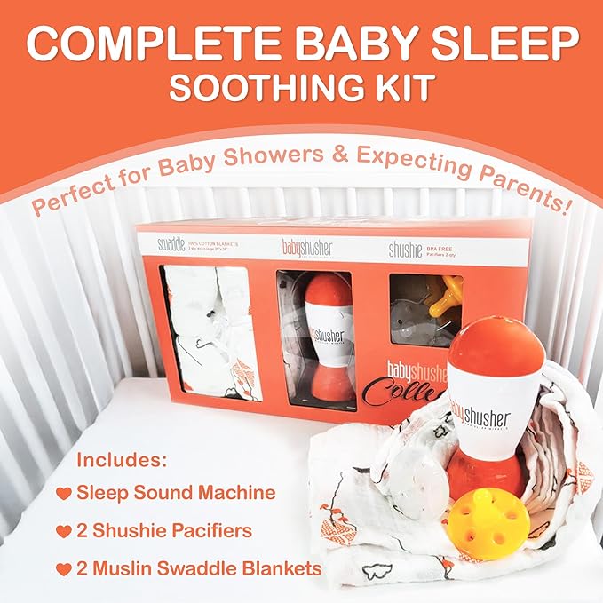 Baby Shusher Gift Set - Includes Portable White Noise Sound Machine, 2 Shushie Pacifiers, and 2 Cotton Swaddles, Travel Friendly Baby Soother for Developing Sleep Routines