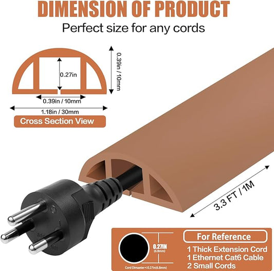 Floor Cord Cover Self Adhesive Cord Hider,3.3FT Cable Management, Extension Strip Protector for Wires, Prevent Cable Trips for Offices, Gyms, Exhibitions Cavity:0.39"(W) x 0.27"(H) Brown