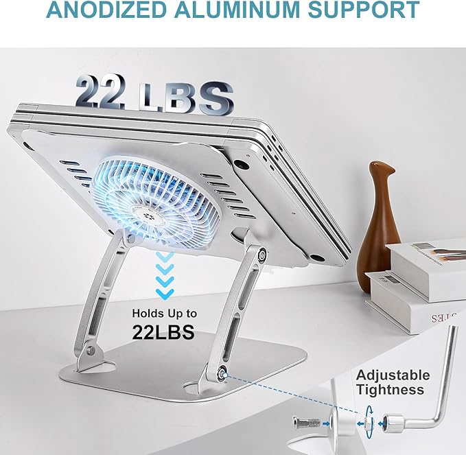 SHUWEI Laptop Cooling Stand with 3 Speed Fan, Adjustable Height Laptop Stand for Desk, Ergonimic Aluminum Laptop Cooling Pad for 10-15'' Notebook - Bule-Gray