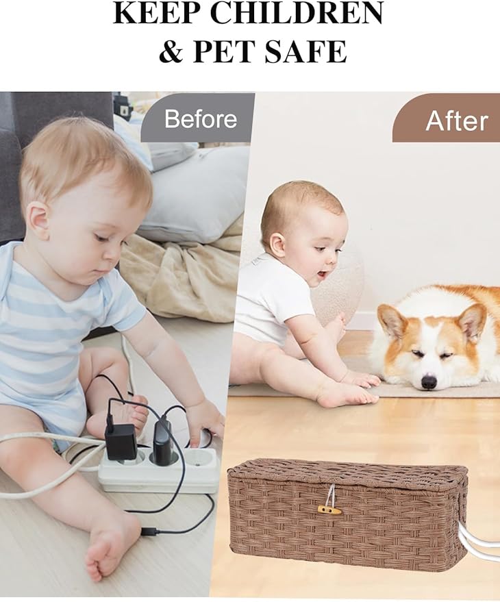 Temary Cable Management Box with Lids, 2-Pack Handmade Cable Organizer Boxes for Home, Office to Hide Cords and Power Strip, Cord Cover Floor Hider Set Woven Rattan Cable Organizer Box (Brown)