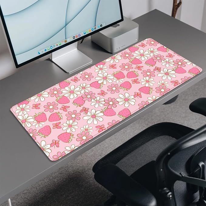 Strawberries and Flowers Extended Desk Pad Mouse Pad,Large Gaming Butterfly Floral Mouse Mat with Stitched Edges,Non-Slip Rubber Base Mousepad for Office PC Keyboard Laptop Home
