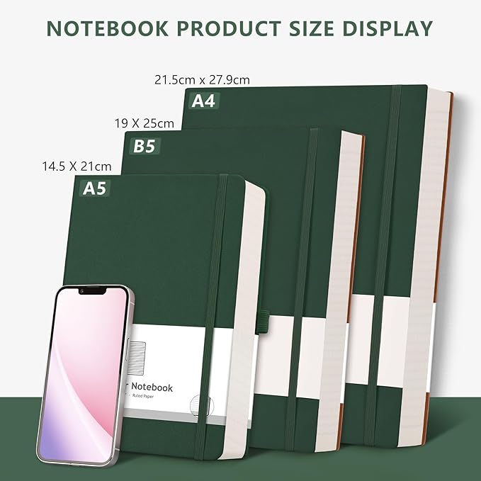 AHGXG Notebook College Ruled - 320 Numbered Pages Large B5 Thick Journal Lined Notebook for Work, 100gsm Thick Paper, Leather Softcover, for Women Men Work School, 7.6'' X 10''-Green