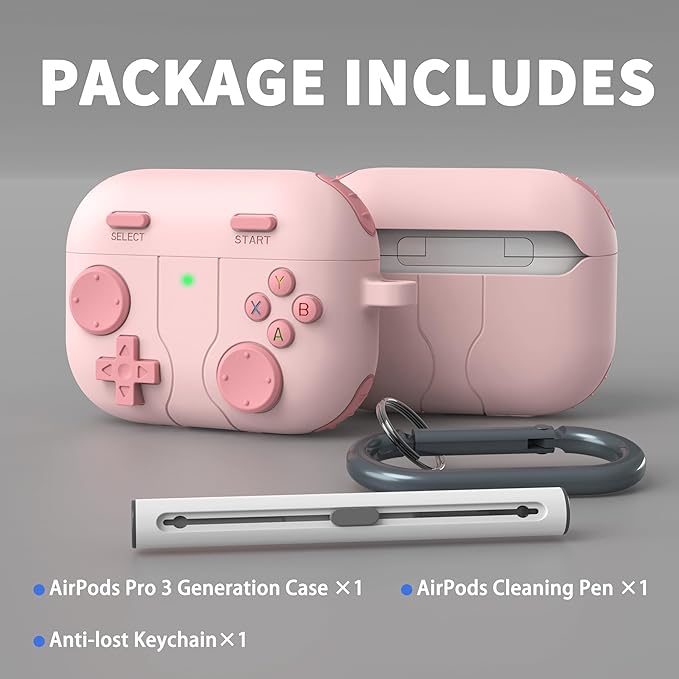 for AirPods Pro 3 Case(2025) DamonLight Game Case Shock-Proof Protective Silicone with Cleaning Pen and Keychain Accessories for Apple Airpods Pro 3rd Generation (Pink)