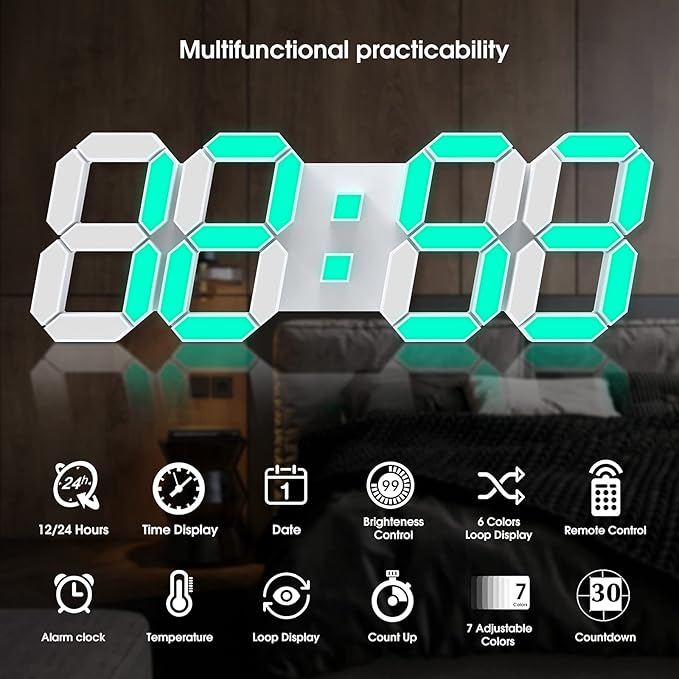 EDUP HOME 3D LED Wall Clock 7 Colors 15" with Remote Control,Digital Alarm Clock Adjustable Brightness Timer 12/24 Hr Time/Date/Temperature for Bedroom/Living Room/Office