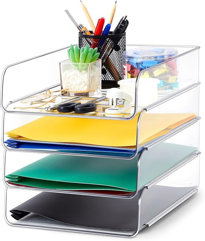 Juexica 4 Pcs Stackable Clear Letter Trays Organizer for Desk A4 Size File Paper Organizer Acrylic Desk Organizer Trays with Anti Skid Bottom for Home Office School (Vertical Opening Style)