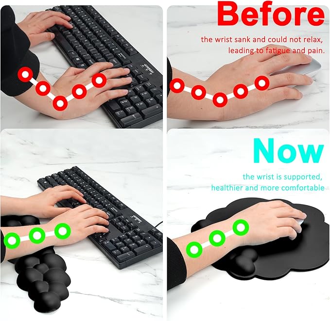 Cloud Keyboard and Mouse Wrist Rest Pad for Computer Arm Pain Relief- Ergonomic Wrist Support Mousepad with Non-Slip PU Base for Office, Gaming, and Home Use Anti-Fatigue(Black)
