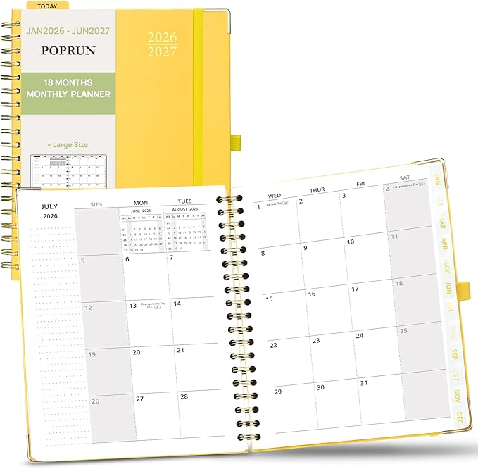 POPRUN Monthly Planner 2026-2027 Spiral Hardcover (8'' x 10''), 18 Months Calendar (Jan.2026-Jun.2027) - 2 Pages per Month with Dotted Note Pages, Sunday Start, Laminated Tab - Light Yellow