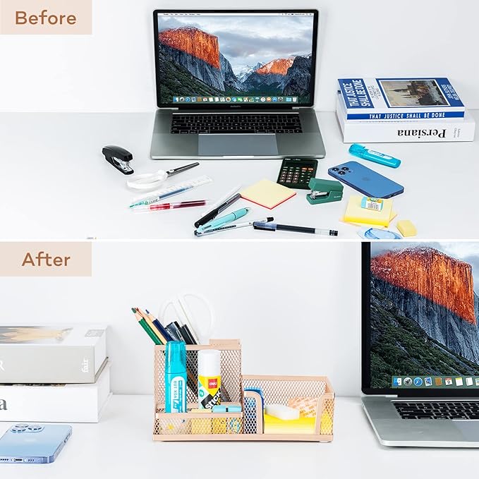 deli Mesh Desk Organizer Office Supplies Caddy with Pencil Holder and Storage Baskets for Desktop Accessories, 3 Compartments, Gold