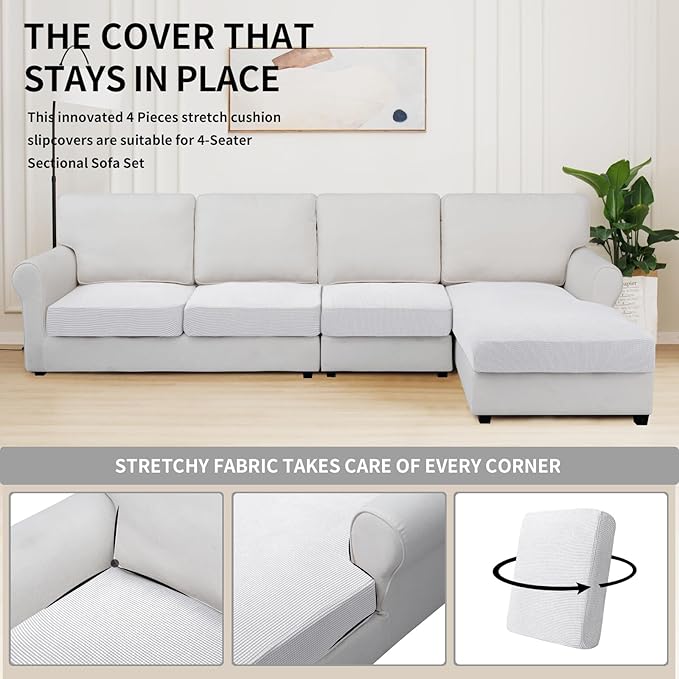 Easy-Going Stretch 4 Pieces Couch Cushion Covers for Sectional Sofa Left/Right L Shape Chaise Lounge Sofa Seat slipcover Anti-Slip Sofa Cover Soft (3 Seater + 1 Chaise, Snow White)