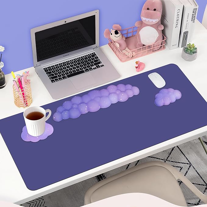 Cloud Wrist Rest Set for Keyboard and Mouse, Includes Cute Coaster, with Computers and Laptops（Purple Star Set）
