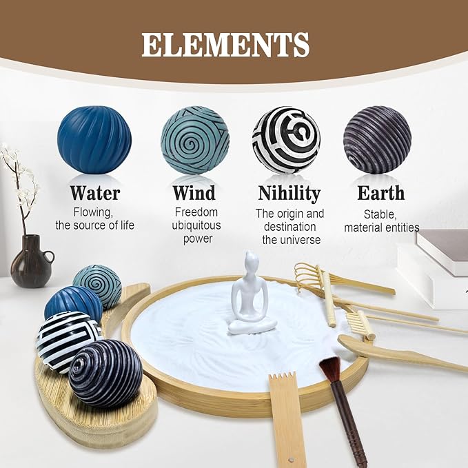 Zen Garden Kit for Desk - Premium Beautiful Japanese Mini Zen Sand Garden Box Gift Set for Home Decor, Office Desk with Large Round Bamboo Tray, White Sand, 4 Sand Spheres & Spheres Holder