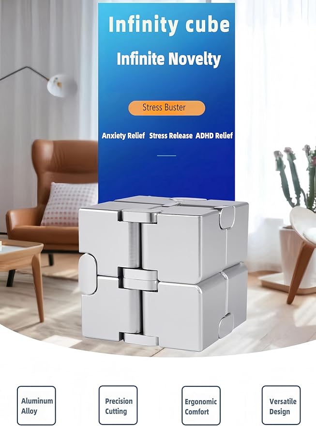 Metal Infinity Cube Fidget Toy - Aluminum Alloy Anti-Stress and Anxiety Finger Flip Cube for Adults, Men, and Women, Ideal Desk Toy for Work or Home - Infinity Cube Desk Toy (Blue-Pink)