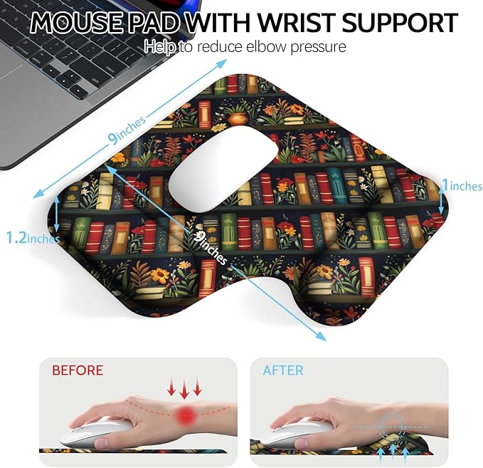 Ergonomic Mouse Pad with Gel Wrist Rest (1"& 1.2" Dual Height) - Mouse Pads Compact Mousepad Desk Mat Office, Gaming & Carpal Tunnel Relief | Non-Slip Rubber Base Vintage Bookshelf