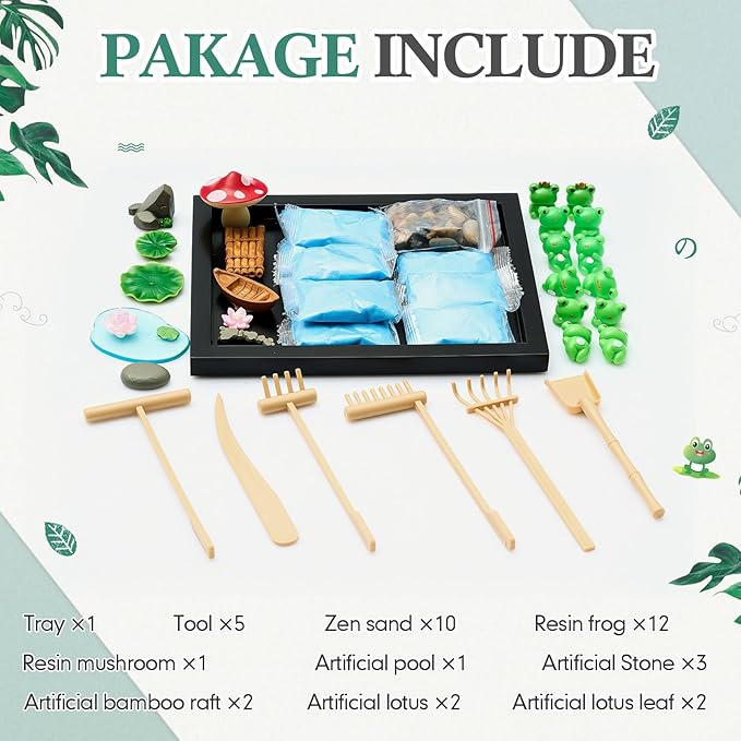 Soulchen Zen Garden Kit for Desk Decor Zen Sand Garden Box Set with Black Wooden Tray, Blue Sand, Tools & Accessories Japanese Gifts for Desktop Meditation Room Office Home(Frog)