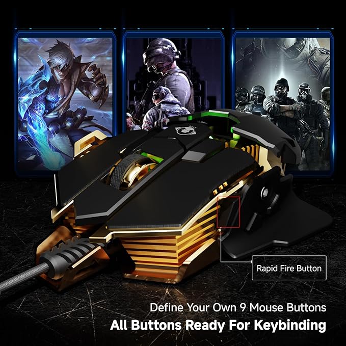 EWEADN G5 Wired Gaming Mouse, Ergonomic RGB Computer Mouse, 12800 Adjustable DPI, 9 Programmable Macro Buttons with Rapid Fire Key Compatible for PC/Laptop/Windows- Black&Gold