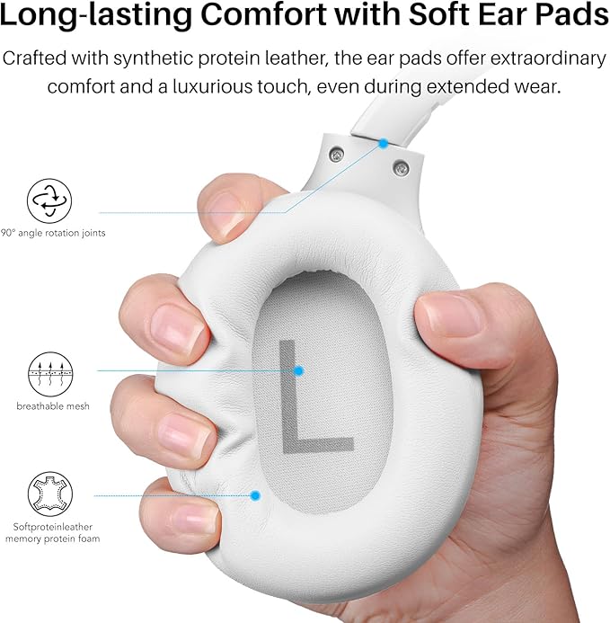 TOZO HT2 Hybrid Active Noise Cancelling Headphones, Wireless Over Ear Bluetooth Headset, 60H Playtime, Hi-Res Audio Custom EQ via App Deep Bass Comfort Fit Ear Cups, for Home Office Travel White