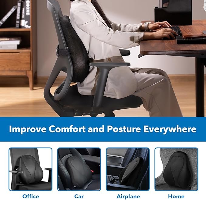 Mount-It! Office Chair Cushion, Lumbar Support Pillow for Office Chair, Back Support for Work, Office, Gaming with Memory Foam Filling for Back Pain Relief, Improve Posture, Black with Washable Cover
