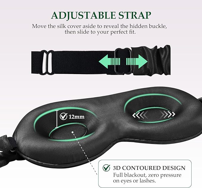 100% Mulberry Silk Sleep Mask for Unisex, 22 Momme 3D Silk Contoured Eye Mask, Breathable Light Blocking Blindfold with Adjustable Strap, Blackout Eye Cover for Travel, Black