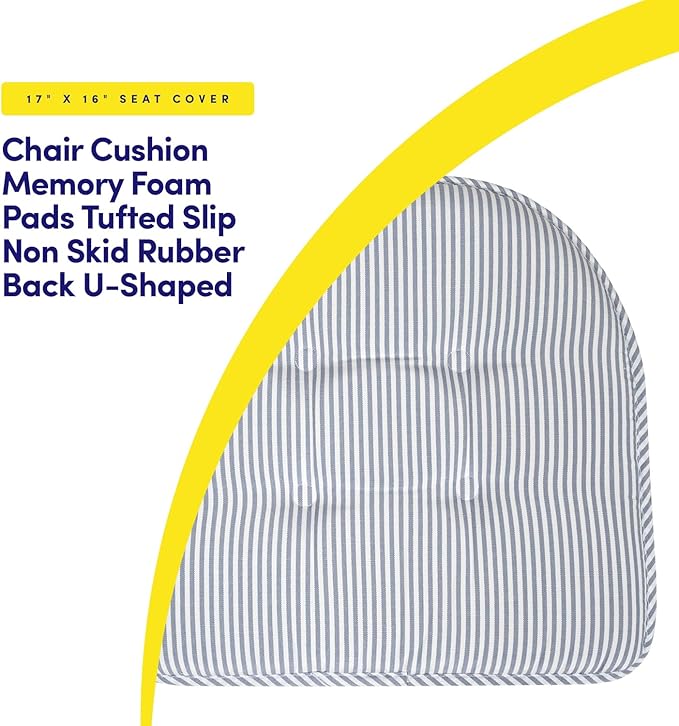 Sweet Home Collection Chair Cushion Memory Foam Pads Tufted Slip Non Skid Rubber Back U-Shaped 17" x 16" Seat Cover, Pinstripe Blue 4 Count