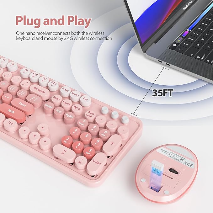 Fogruaden Pink Retro Typewriter Keyboard and Mouse Wireless, 2.4GHz Office Full-Sized Colorful Computer Keyboard with Number Pad and Cute Mouse for Windows PC Desktops Laptop