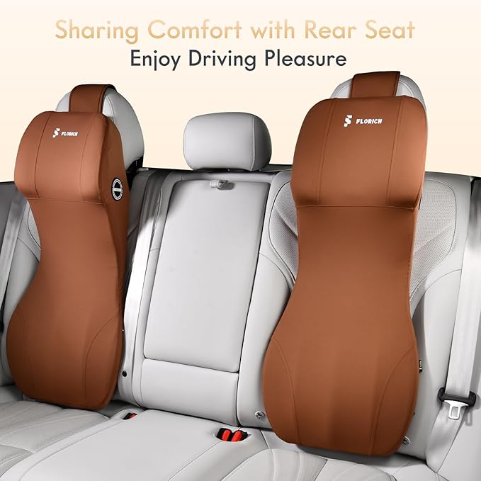 FLORICH Car Seat Lumbar Support with Headrest Pillow Memory Foam Car Lumbar Pillow Back Support Cushion 2-in-1 Ergonomic Back Rest Pillow & Car Neck Pillow for Driving Tailbone Pain Relief, Brown
