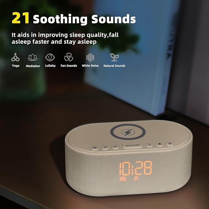 Sound Machine Alarm Clock for Bedrooms: Bluetooth 10W Stereo Sound Speaker with Wireless Charging - White Noise Machine for Sleeping with 21 Soothing Sounds - Putty