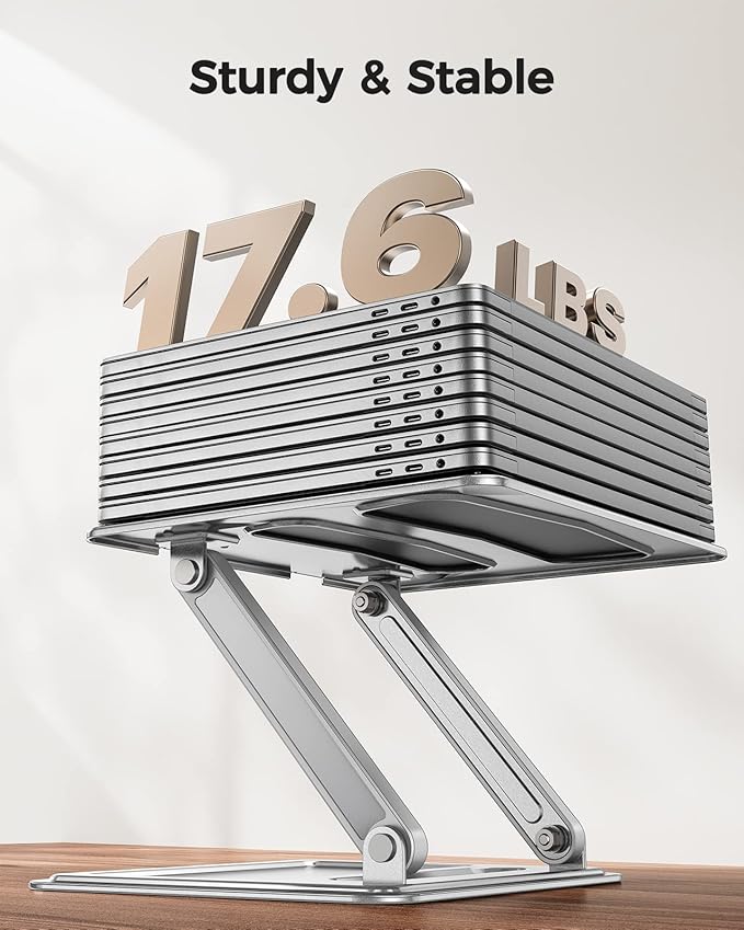 LORYERGO Laptop Stand for Desk, Adjustable & Foldable Laptop Riser for 10-15.6 Inch Laptops, Computer Stand for MacBook/Notebook, Portable Ergonomic Holder Up to 17.6lbs - Silver