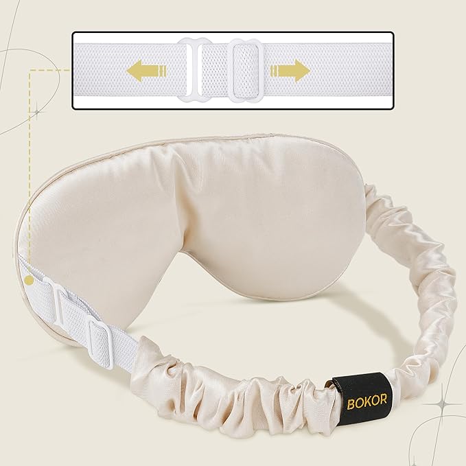 BOKOR Adjustable Silk Sleep Eye Mask for Women and Men, Luxury Mulberry Silk Eye Cover, Light-Blocking Improve Sleep Quality,with Travel Bag - Champagne