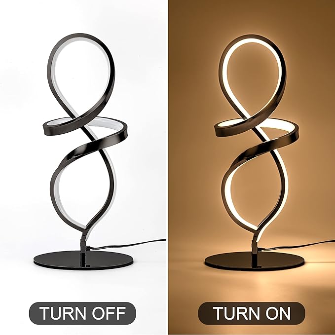 Mayful Modern Table Lamp with LED Spiral Design, Bedside Lamp with Stepless Dimming Switch, Contemporary Nightstand & Black Table Lamp for Bedroom, Living Room, Home Office, 12W 3200K Warm White