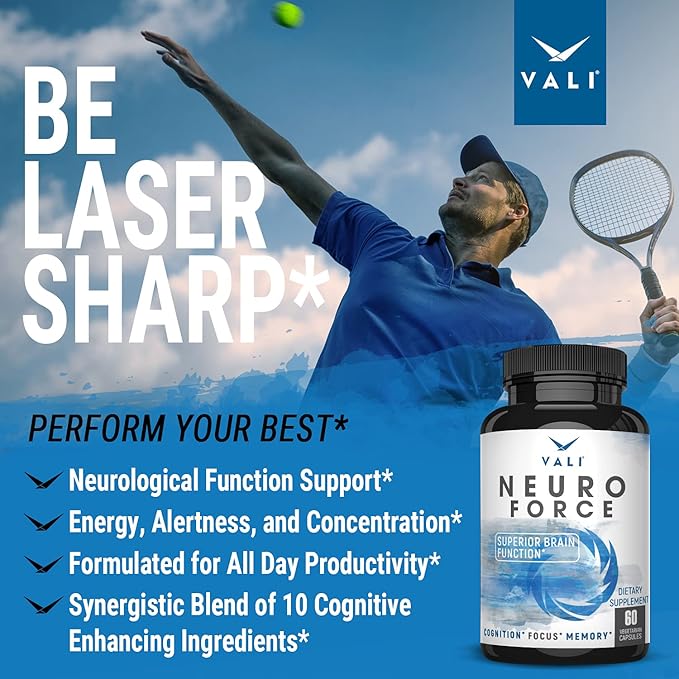 VALI Neuro Force Brain Booster Supplement for Focus, Memory, Clarity & Energy. Extra Strength Nootropic Cognitive Function Support for Mental Performance. with Natural Caffeine. 60 Veggie Capsules