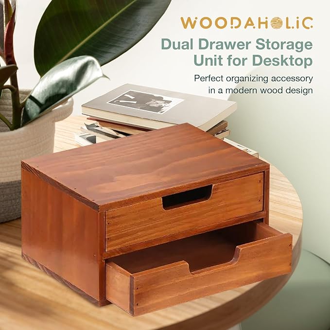 Double Drawer Desktop Storage Organizer in a Modern Wood Design (9.8”x6.9”x 5.1”) 2-Drawer Stackable Drawer Unit - Wood Monitor Riser (1-Pack)