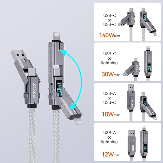 pzoz 4-in-1 USB C Fast Charging Cable with LED Display, Multi USBC Charger Combo Lightning/Type C/USB A Metal Ports for iPhone 17/16/15/14 Pro Max iPad MacBook AirPods Pro Samsung Google (140W, 5 ft)