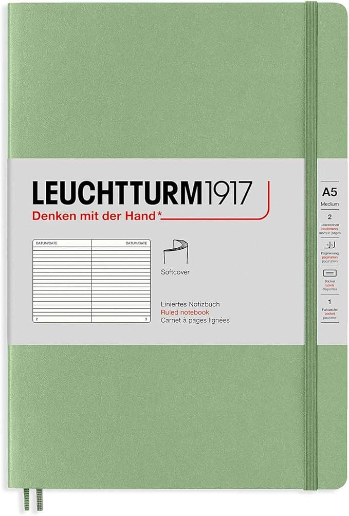 LEUCHTTURM1917 - Notebook Softcover Medium A5-123 Numbered Pages for Writing and Journaling (Ruled, Sage)