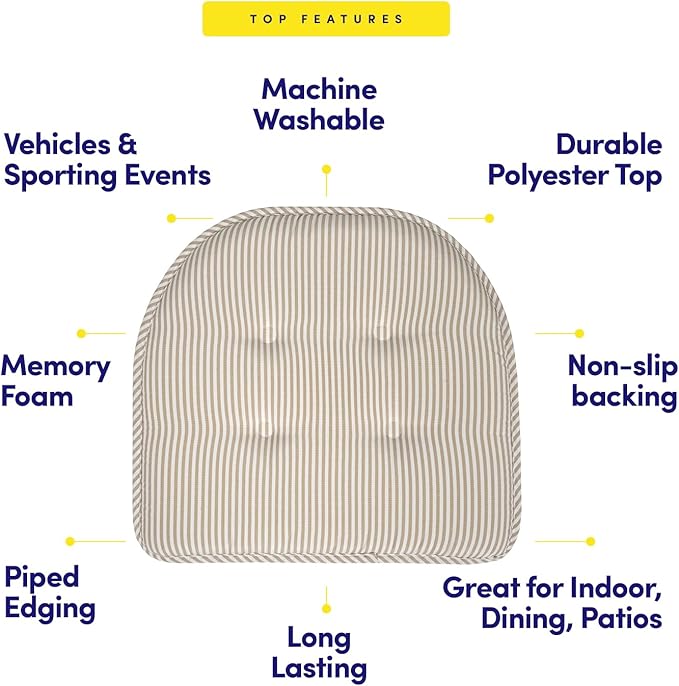 Sweet Home Collection Chair Cushion Memory Foam Pads Tufted Slip Non Skid Rubber Back U-Shaped 17" x 16" Seat Cover, 2 Count (Pack of 1), Pinstripe Taupe