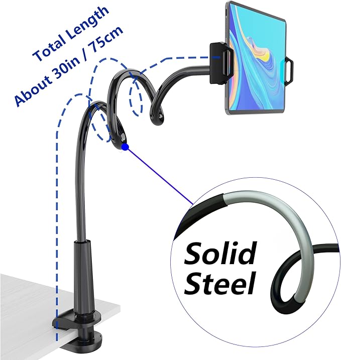 Tablet Stand Holder, Mount Holder Clip with Grip Flexible Long Arm Gooseneck Compatible with ipad iPhone/Nintendo Switch/Samsung Galaxy Tabs/Amazon Kindle Fire HD - Black