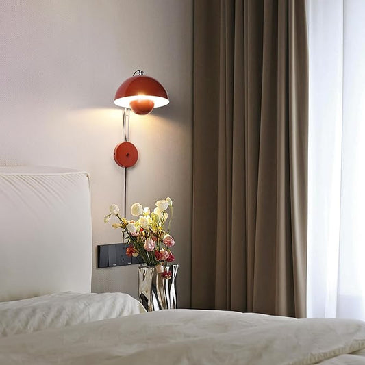 COSYLUX Modern Sleek Plug in Wall Sconce, Hardwired & Corded 2in1 Design Metal Wall Light Fixtures for Bedroom Bedside Reading, Mid-Century Flower Bud Wall Sconces with Switch, Red